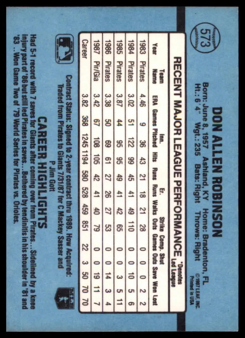 Donruss Don Robinson 573 San Francisco Giants MP - Baseball Card Single