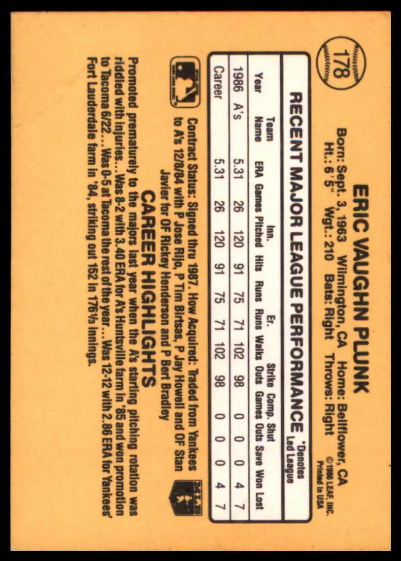 Donruss Eric Plunk 178 Oakland Athletics MP - Baseball Card Single