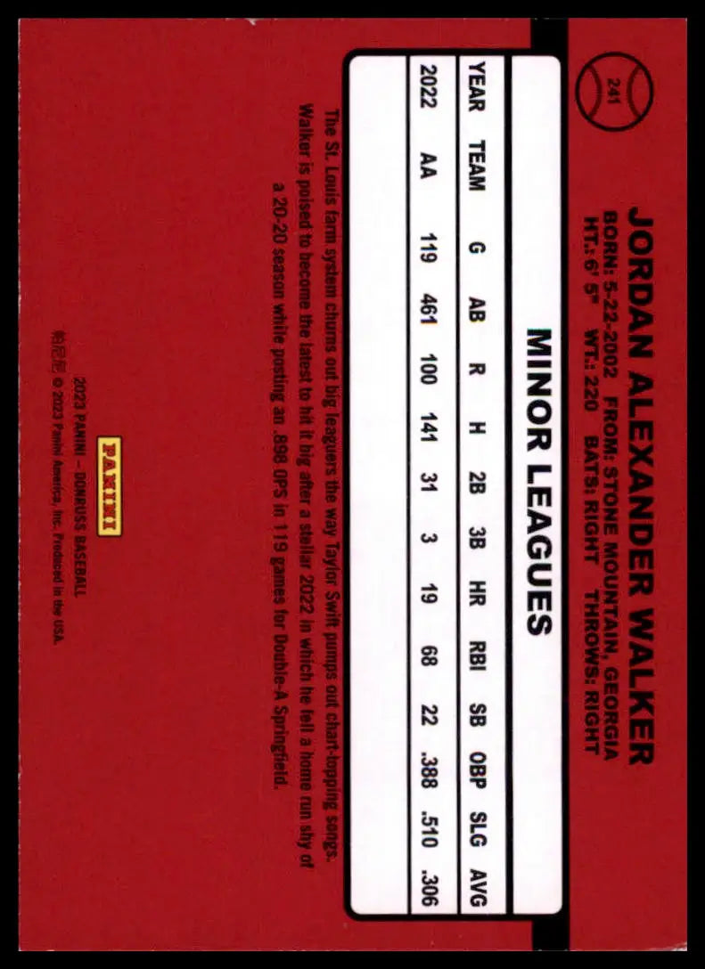 Donruss - Holo Purple Jordan Walker 241 St. Louis Cardinals MP - Baseball Card Single