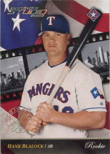 Baseball player in Texas Rangers uniform holding bat on Studio Proof Parallel Card