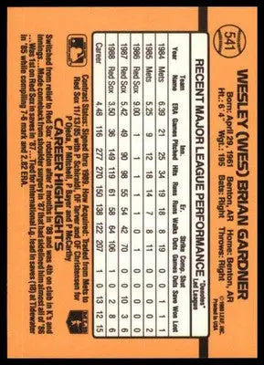 Donruss Wes Gardner 541 Boston Red Sox LP - Baseball Card Single