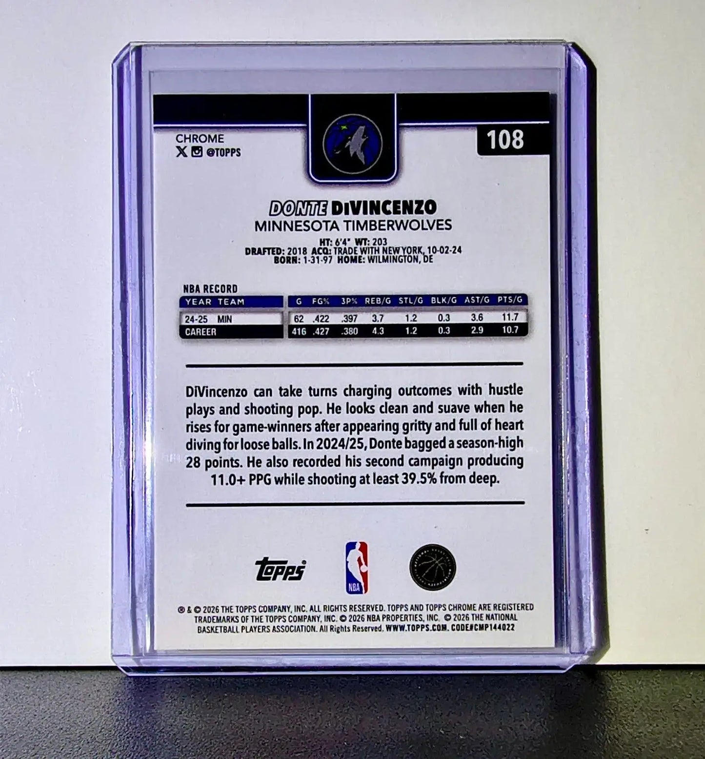 Donte DiVincenzo 2025-26 NBA Topps Chrome Update #108 Card Timberwolves - Basketball Card Single