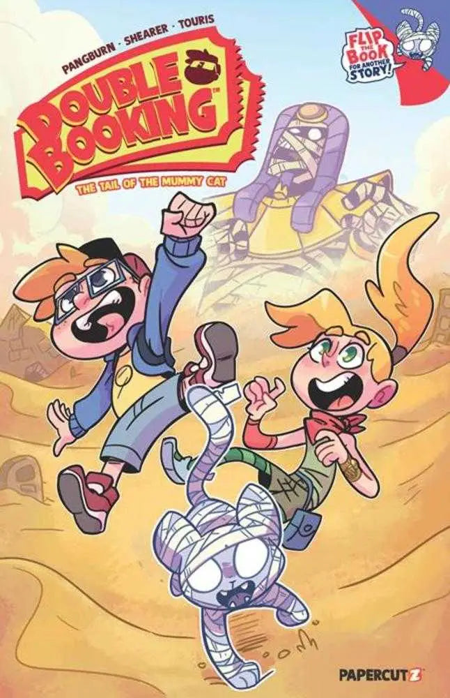 Comic book cover of Double Booking TP The Tail Of The Mummy Cat featuring siblings Otto