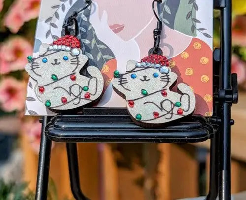 Double-sided Kitten in Christmas Lights Wood and Rhinestone Earrings - Handmade - General Merchandise