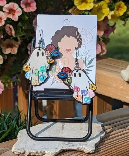 Double-sided Peaceful Ghost Wood and Rhinestone Earrings - Handmade - Other