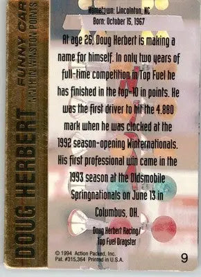 Doug Herbert - 1994 Action Packed NHRA - #9 - Racing - Racing Card Single