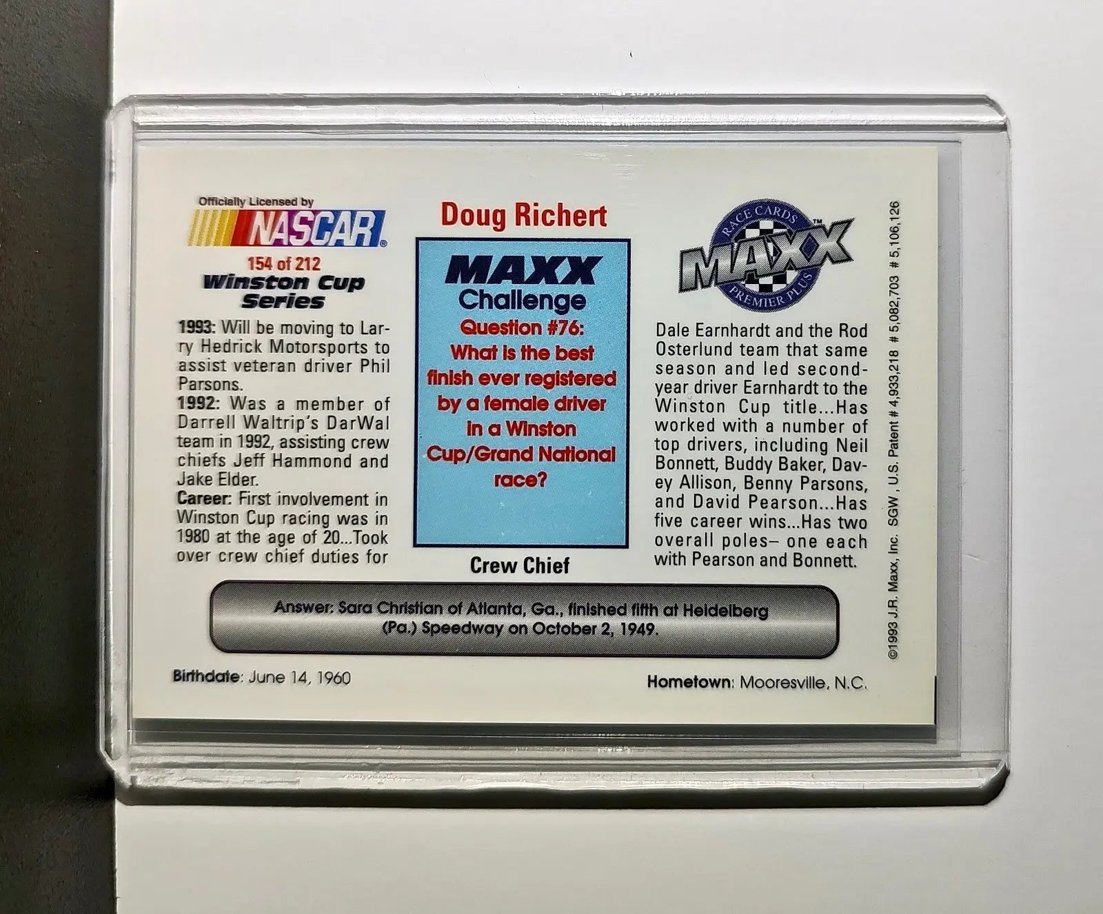 Doug Richert 1993 Maxx Premier Plus Racing #154 NASCAR Card DARWAL Inc.