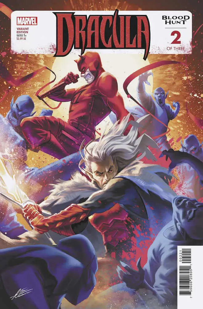 Comic book cover of Marvel’s Dracula series featuring a dramatic battle scene in red and blue tones