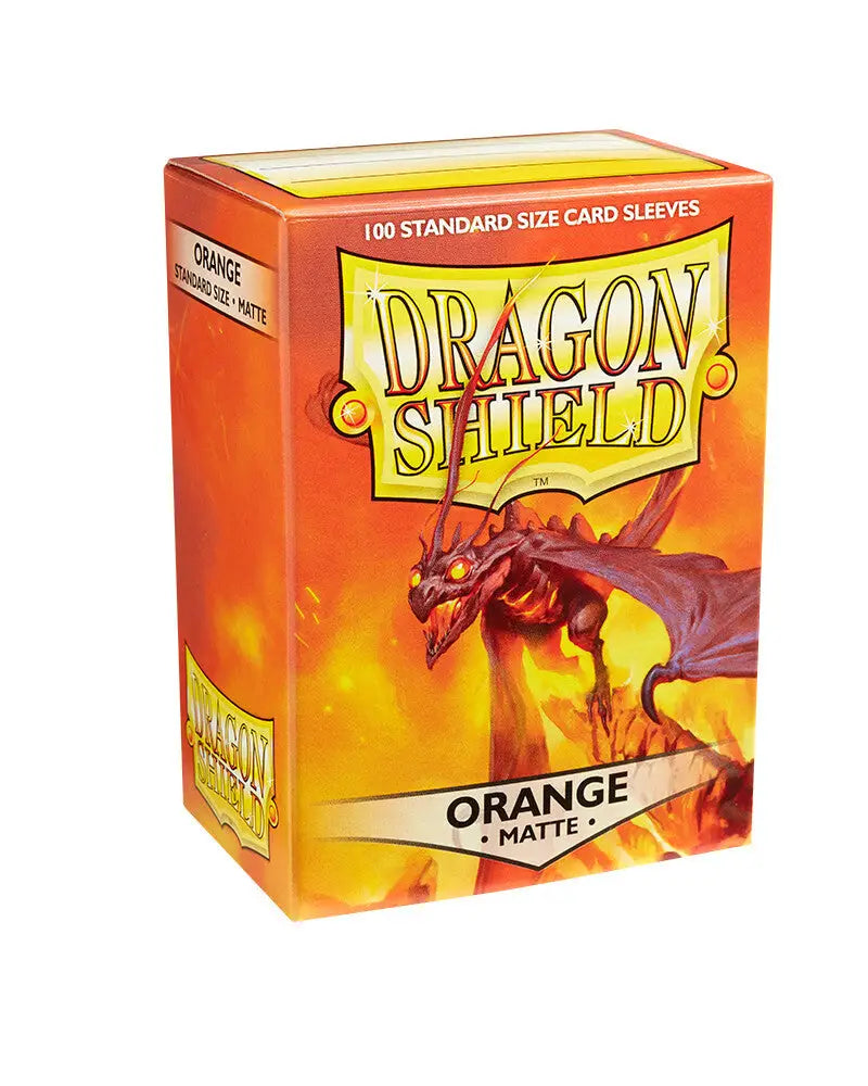 Box of Dragon Shield orange matte card sleeves with dragon illustration for trading cards
