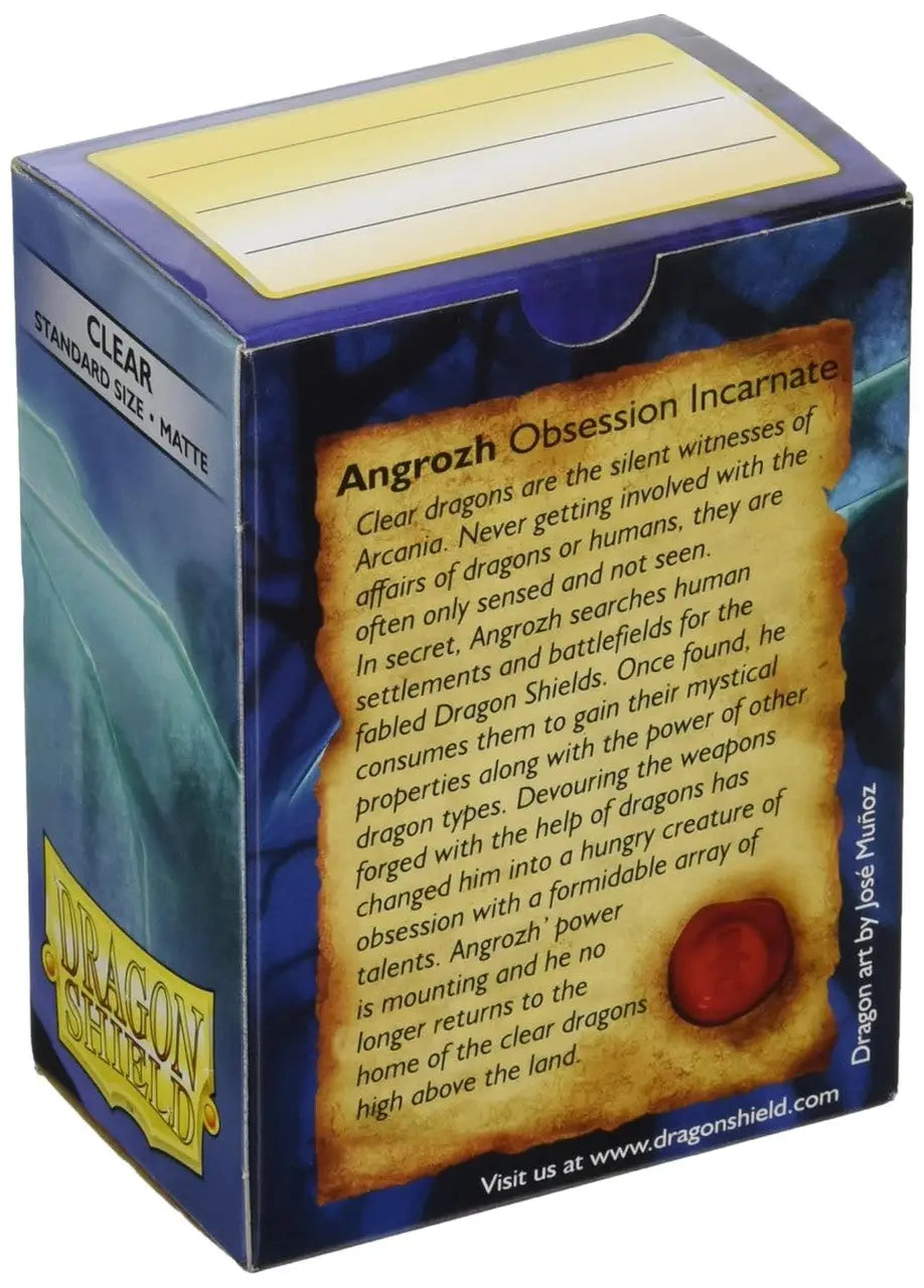 Blue and yellow Dragon Shield trading card deck box with descriptive text panel