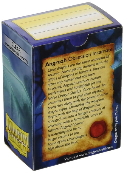 Blue and yellow Dragon Shield trading card deck box with descriptive text panel