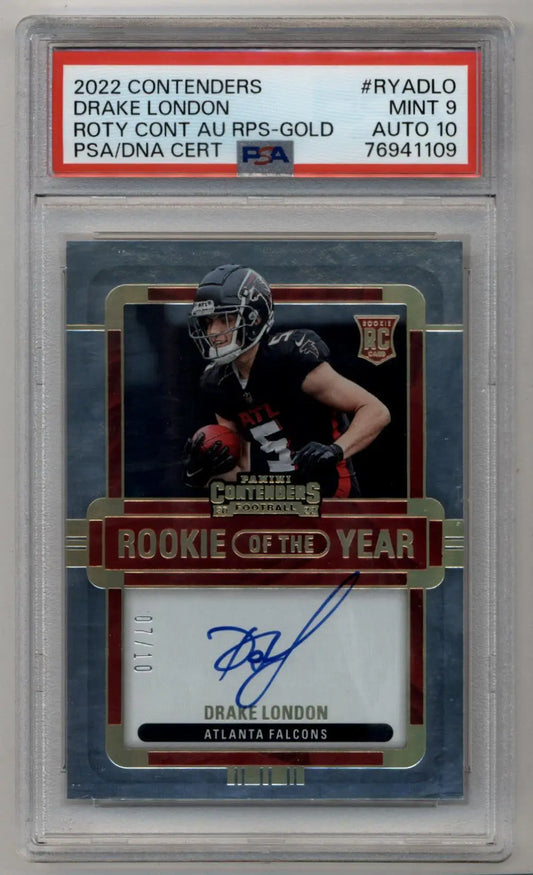 Drake London 2022 Contenders Rookie of the Year Gold Auto 07/10 PSA 9 Mint Auto 10 - Football Card Single