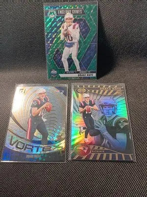 Drake Maye (RCs) - Three Card Lot. Panini Mosaic Vortex Illusions. NRMT+ - Football Card Single