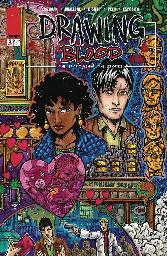Colorful comic book cover of Drawing Blood #2 featuring heart, art, and trading cards elements