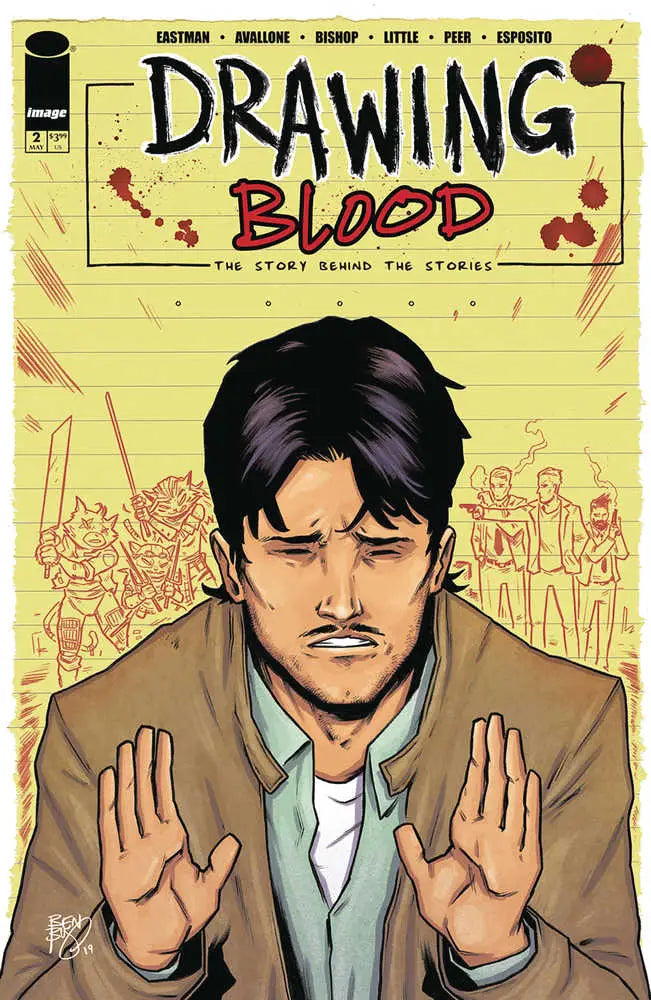 Comic book cover Drawing Blood featuring character in brown jacket, ideal for trading cards