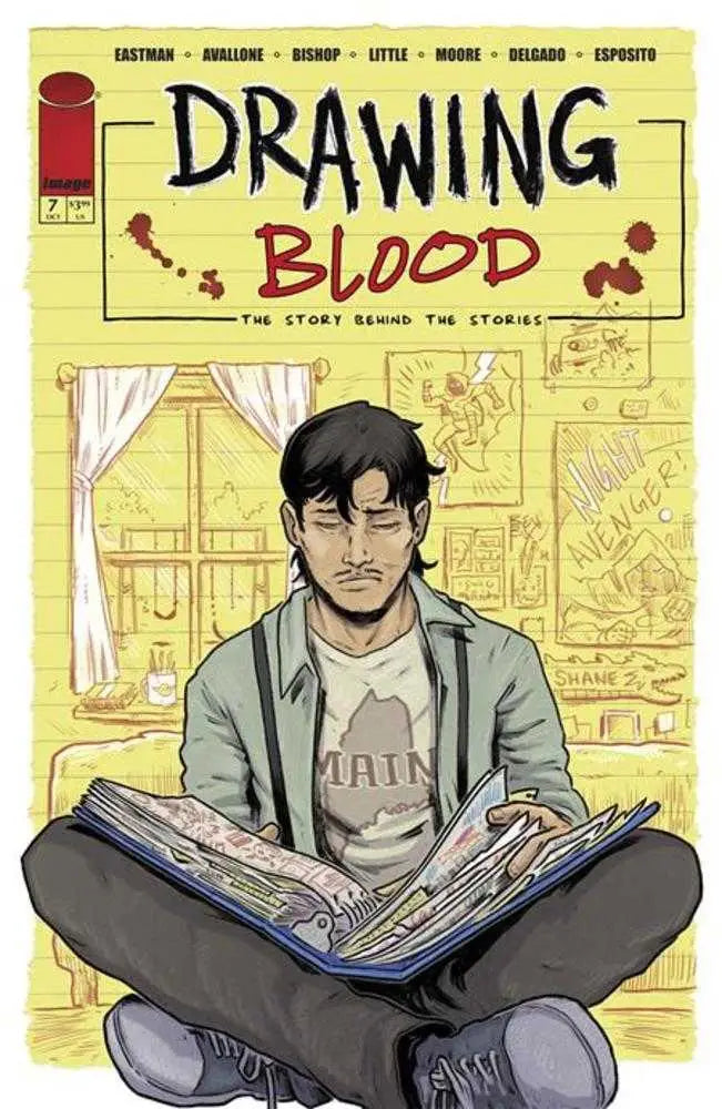 Comic book cover Drawing Blood #7 featuring a person reading a newspaper, ideal for trading cards