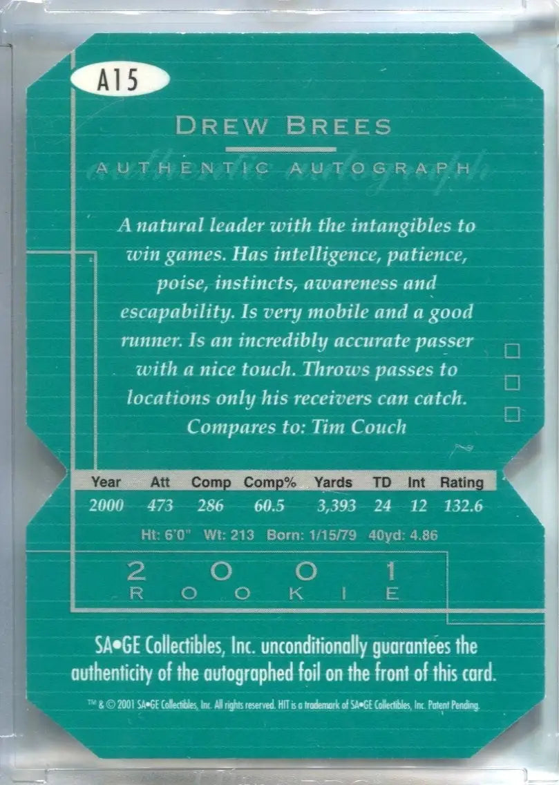 DREW BREES 2001 SAGE HIT #A15 AUTOGRAPH DIE CUT RC AUTO #66/250 SAINTS HOF - Football Card Single
