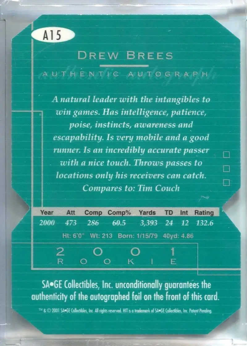 DREW BREES 2001 SAGE HIT #A15 AUTOGRAPH DIE CUT RC AUTO #66/250 SAINTS HOF - Football Card Single