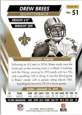 Drew Brees - 2014 Panini Absolute - #51 - Retail Football - Football Card Single
