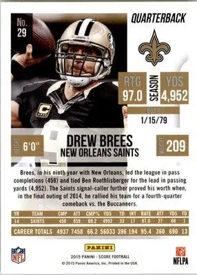 Drew Brees - 2015 Score - #29 - Football - Football Card Single