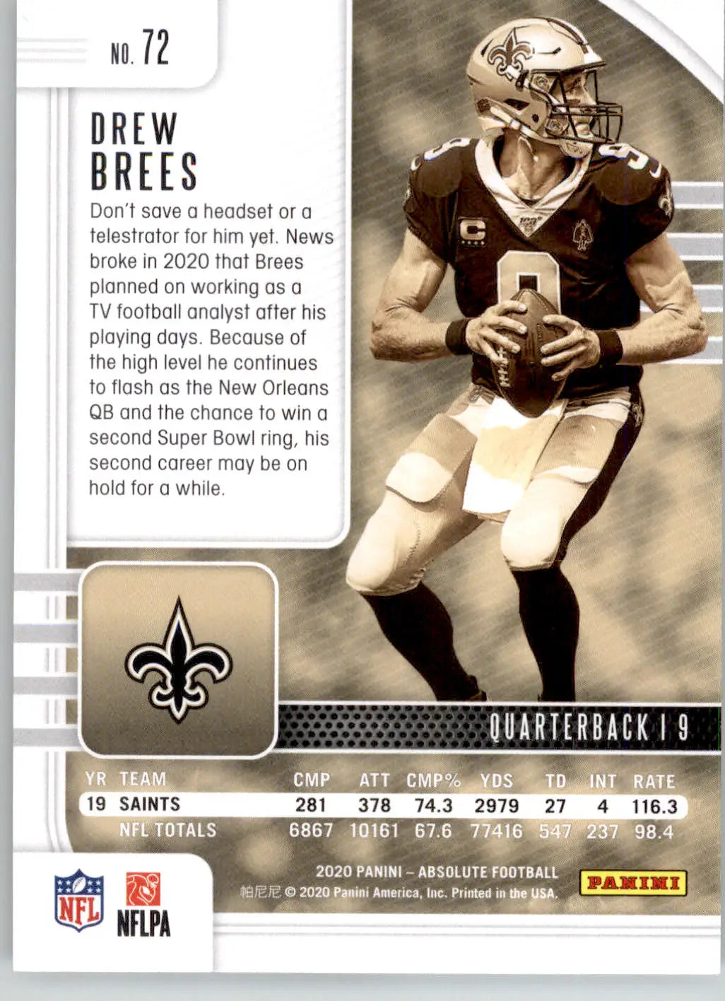 Drew Brees - 2020 Panini Absolute - #72 - Retail Football