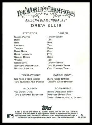 Drew Ellis Rookie 2022 Topps Allen & Ginter #152 Arizona Diamondbacks - Baseball Card Single