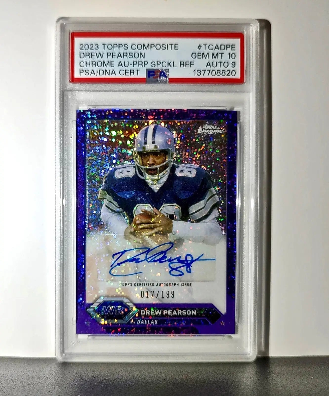 Drew Pearson 2023 Topps #TCA-DPE Chrome Purple Speckle 19/199 PSA 10 Auto 9 - Football Card Single