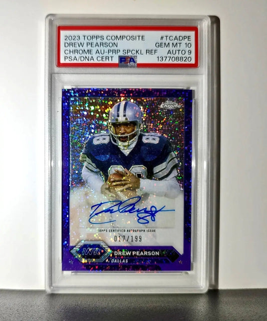 Drew Pearson 2023 Topps #TCA-DPE Chrome Purple Speckle 19/199 PSA 10 Auto 9 - Football Card Single