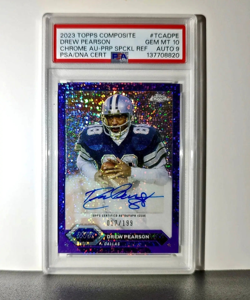 Drew Pearson 2023 Topps #TCA-DPE Chrome Purple Speckle 19/199 PSA 10 Auto 9 - Football Card Single