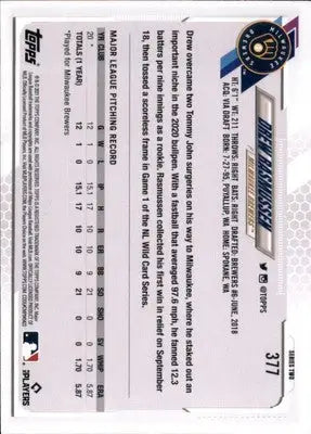 Drew Rasmussen Rookie 2021 Topps #377 Milwaukee Brewers - Baseball Card Single