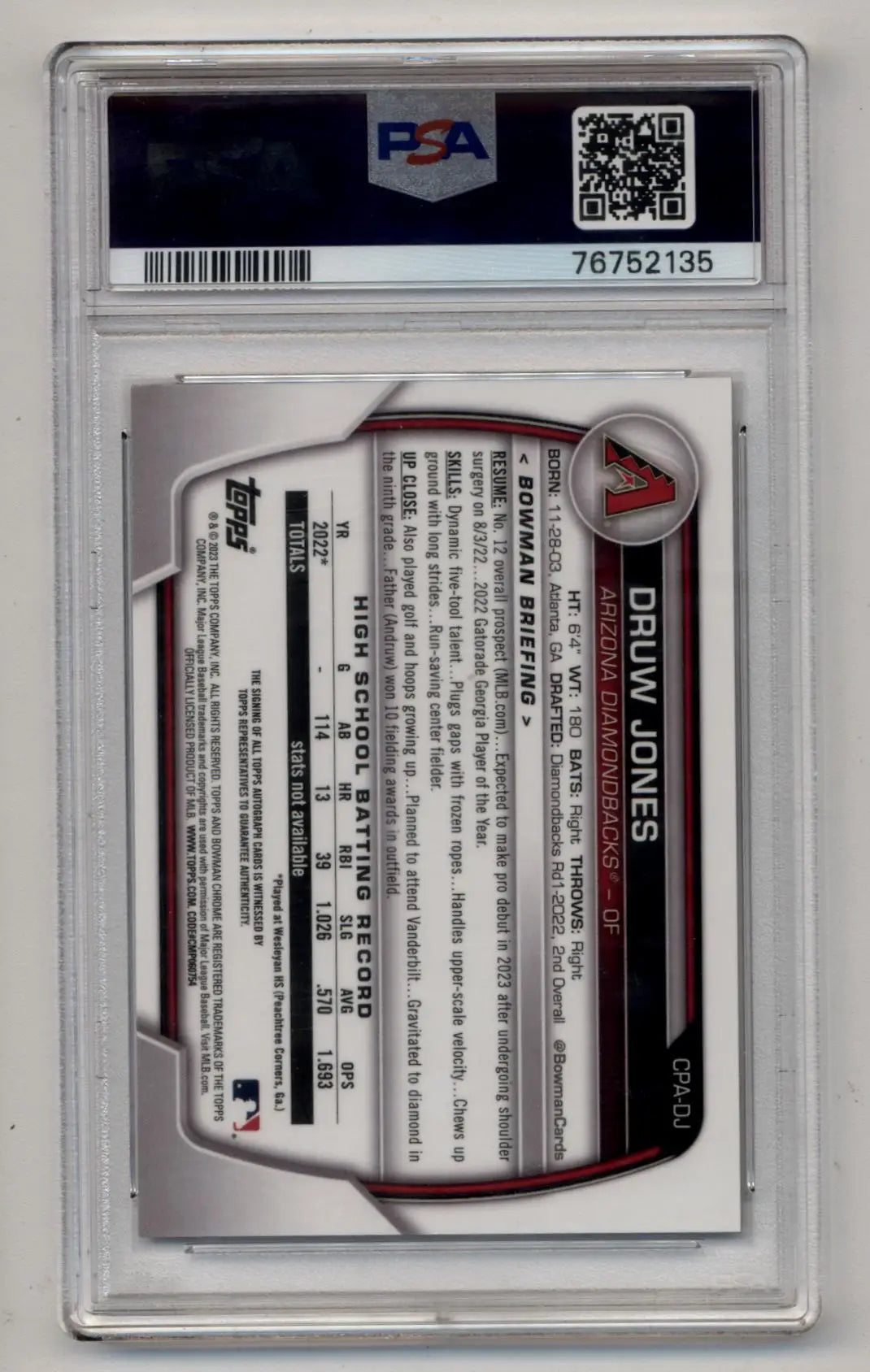 Druw Jones 2023 Bowman Chrome Prospects Speckle Refractor Auto 055/299 PSA 10 Gem Mint - Baseball Card Single