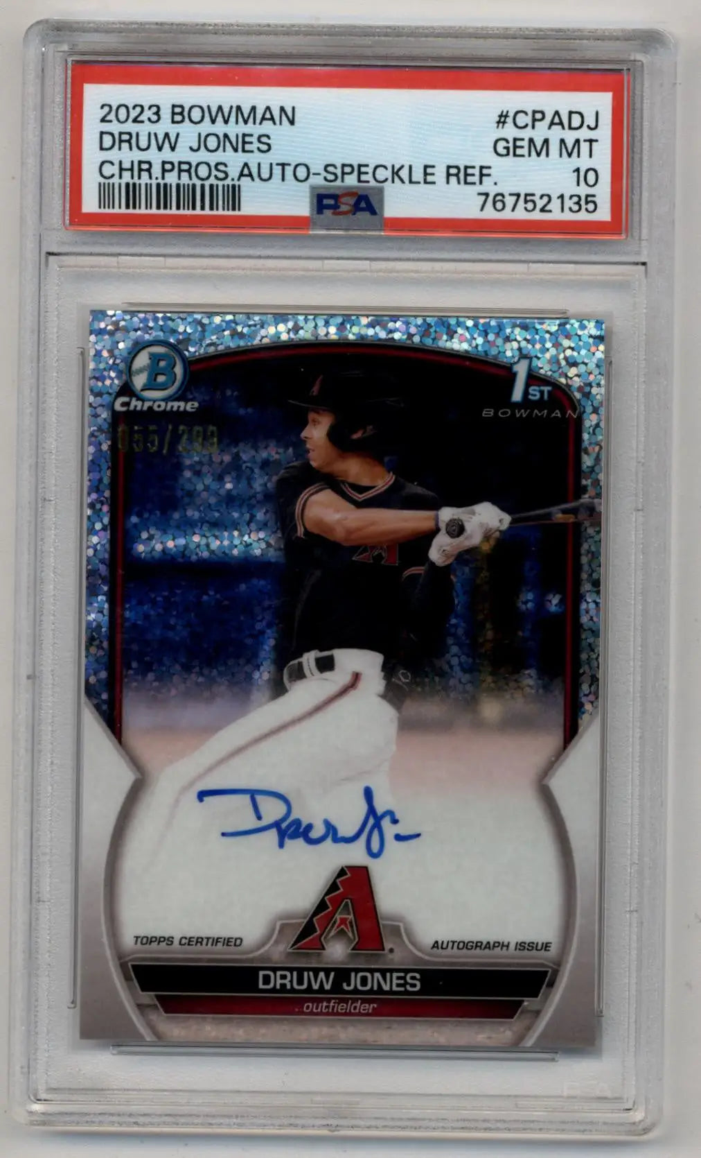 Druw Jones 2023 Bowman Chrome Prospects Speckle Refractor Auto 055/299 PSA 10 Gem Mint - Baseball Card Single