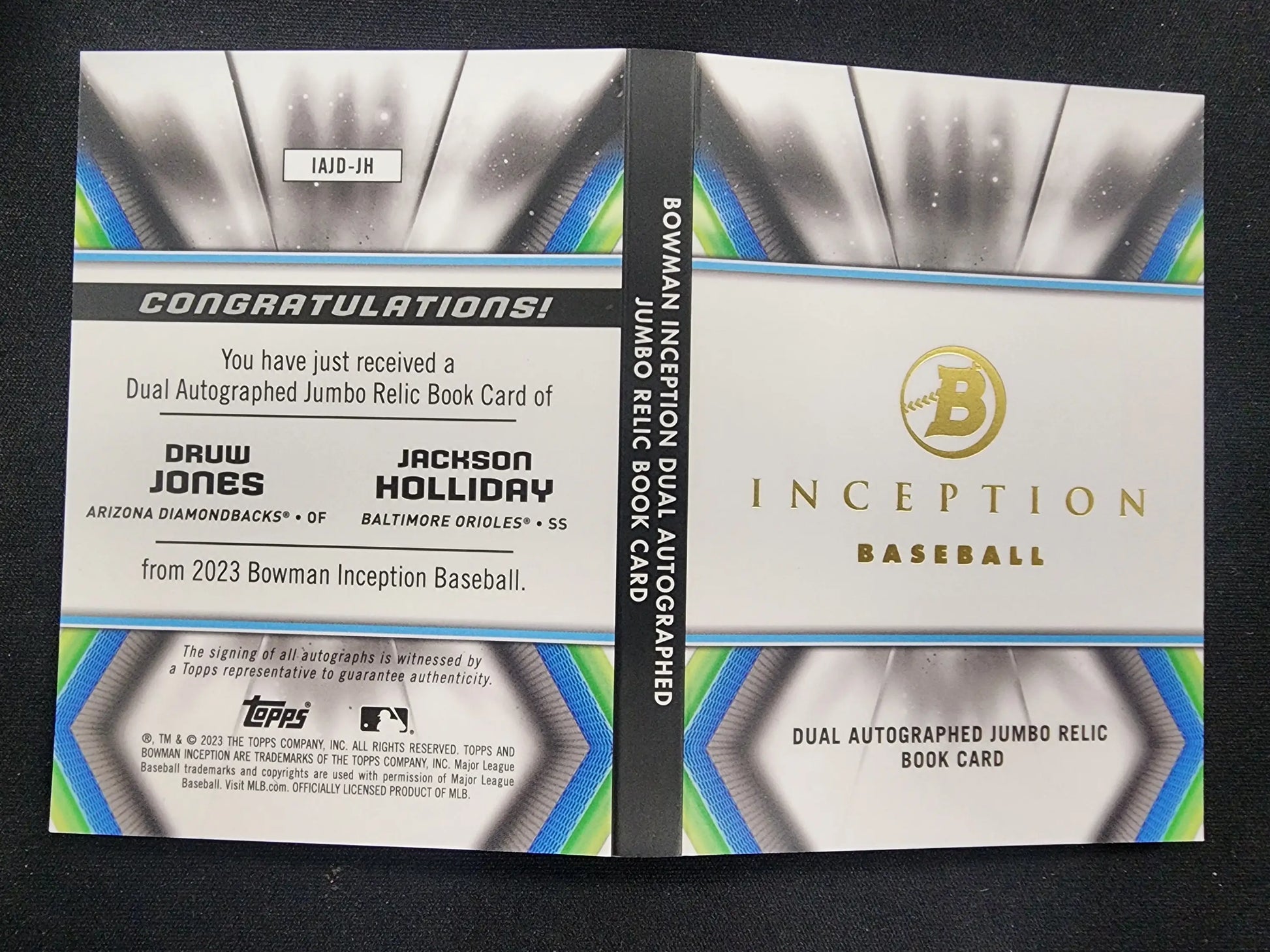 Druw Jones + Jackson Holliday 2023 Bowman Inception Jumbo Relic Auto Book #36/50 - Baseball Card Single
