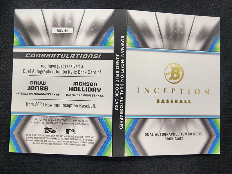 Druw Jones + Jackson Holliday 2023 Bowman Inception Jumbo Relic Auto Book #36/50 - Baseball Card Single