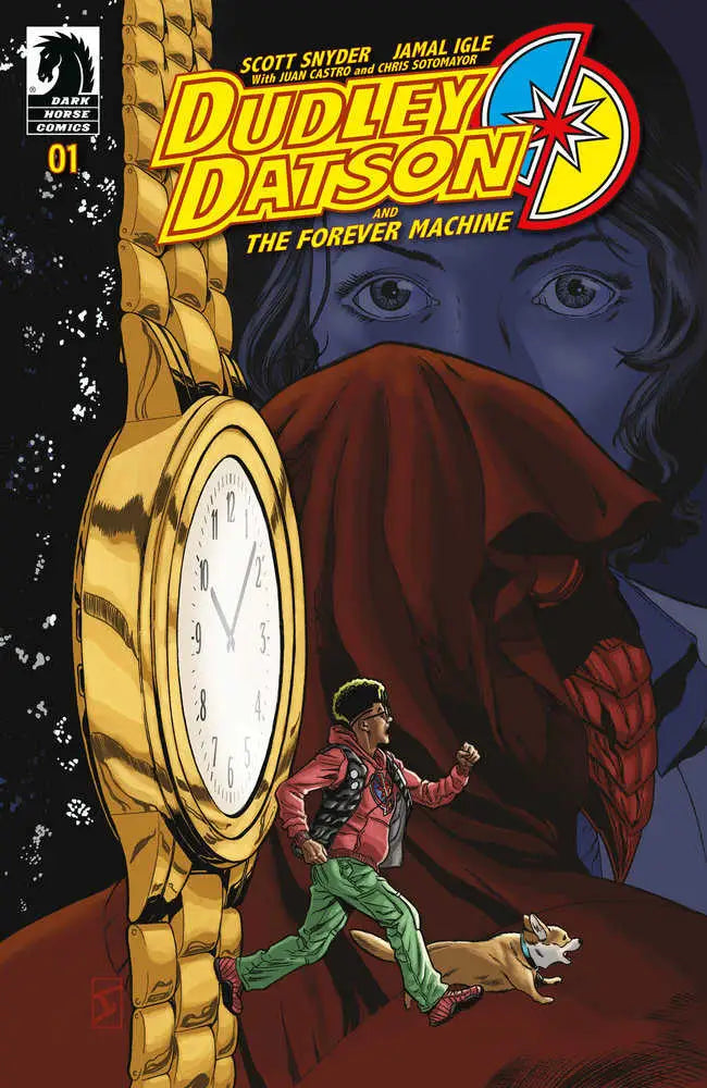 Comic book cover of Dudley Datson by Jamal Igle with character and dog near pocket watch