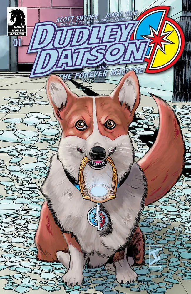 Corgi in superhero collar showcased in Dudley Datson trading cards by Jamal Igle