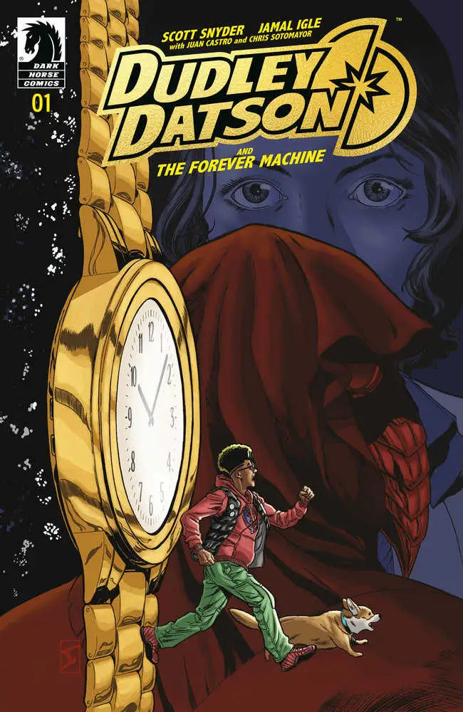 Comic book cover of Dudley Datson running with a dog near a giant pocket watch by Jamal Igle