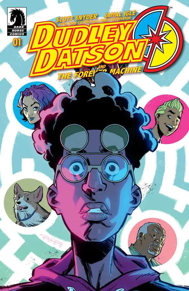 Comic book cover of Dudley Datson with round glasses and psychedelic floating heads