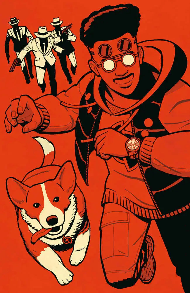 Stylized illustration of Dudley Datson with a corgi and shadowy figures, perfect for trading cards