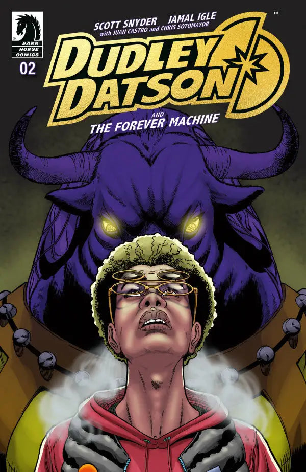Comic book cover for Dudley Datson and the Forever Machine #2 by Jamal Igle with a purple monster