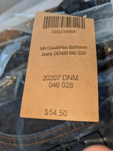 Brown hang tag on Duluth Trading Men’s DulthFlex Ballroom Jeans denim pants