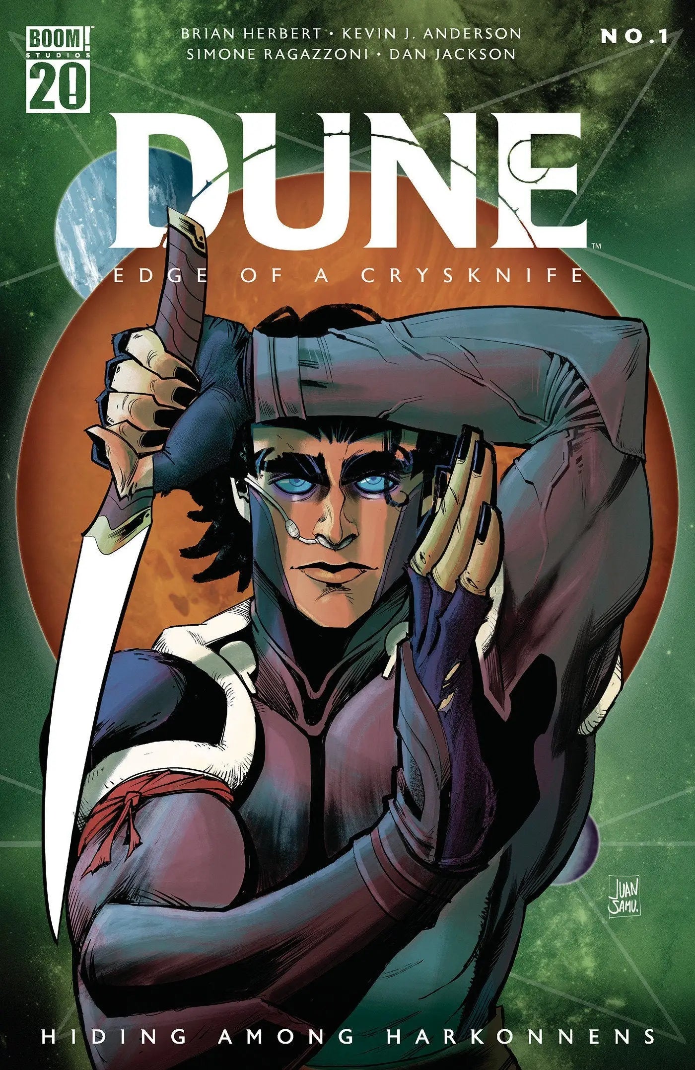 Dune Edge comic book cover featuring Shadout Mapes and crysknife hiding among Harkonnens