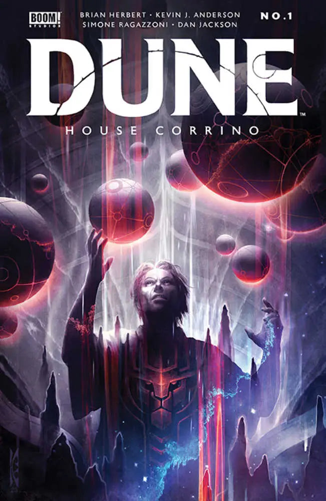 Comic book cover of Dune House Corrino showcasing a mystical figure with cosmic elements