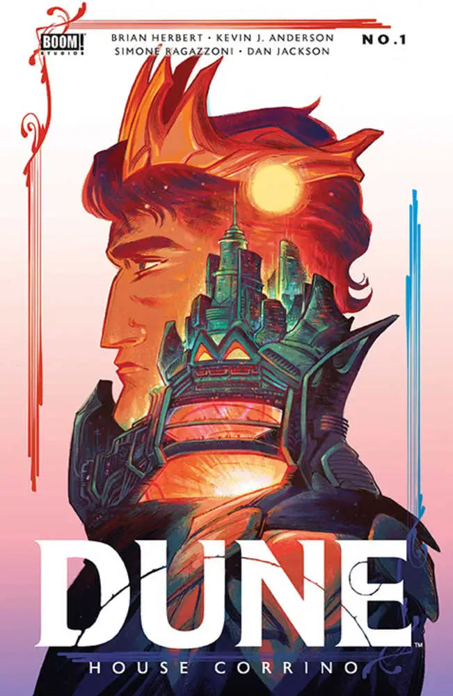 Comic book cover art for Dune House Corrino with silhouette and desert cityscape