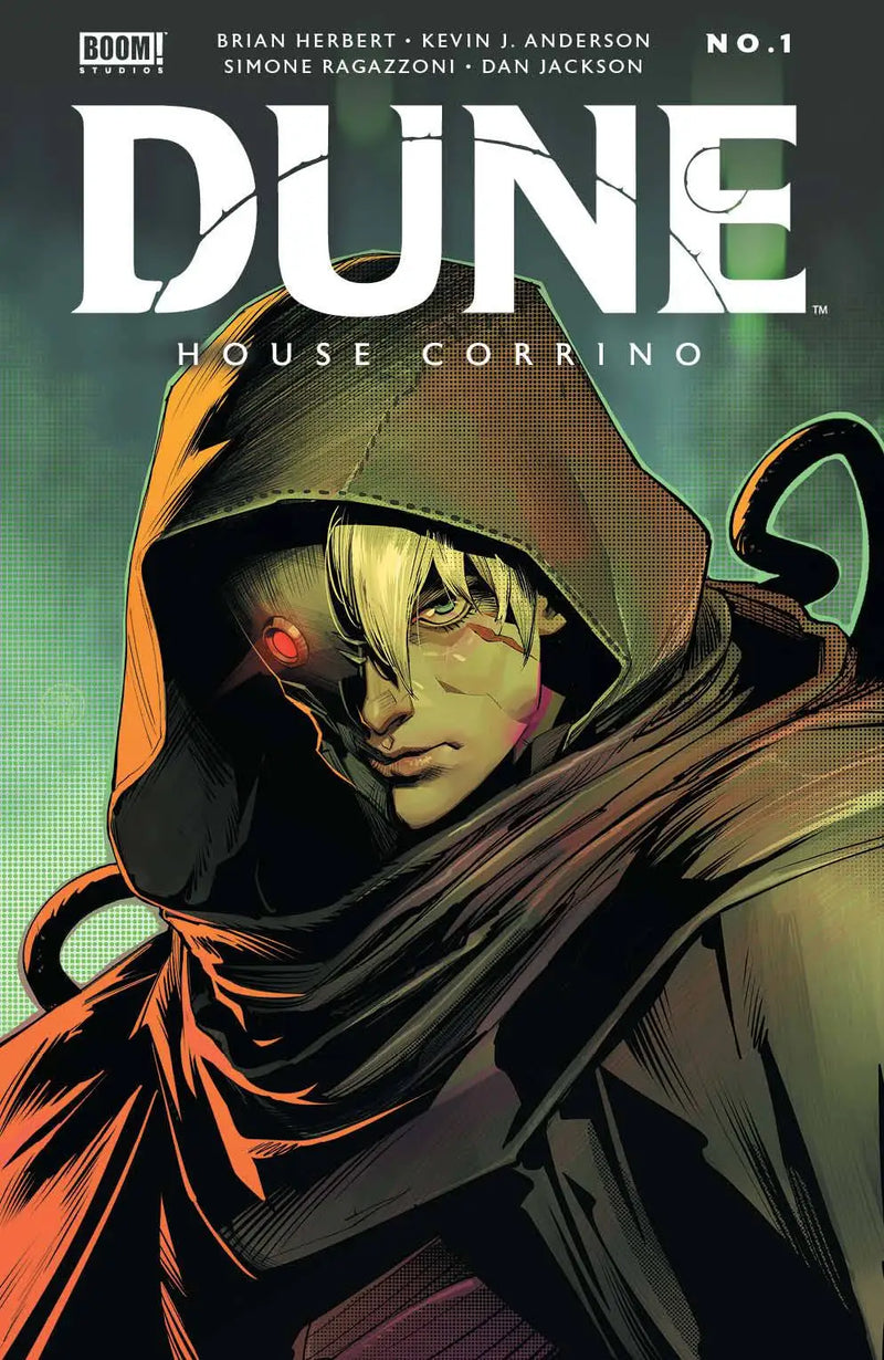 Comic book cover of Dune House Corrino #1 featuring a hooded figure with green eyes
