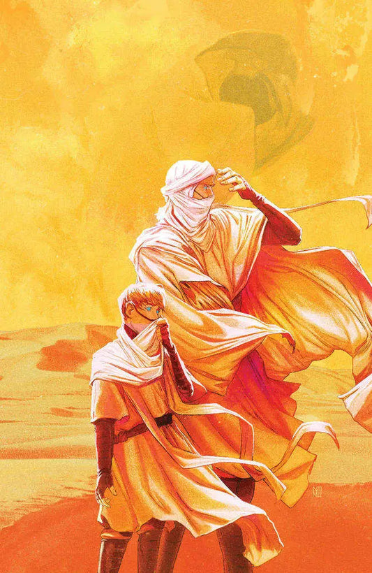 Figure in orange and white robes shielding eyes, House Harkonnen trading cards art