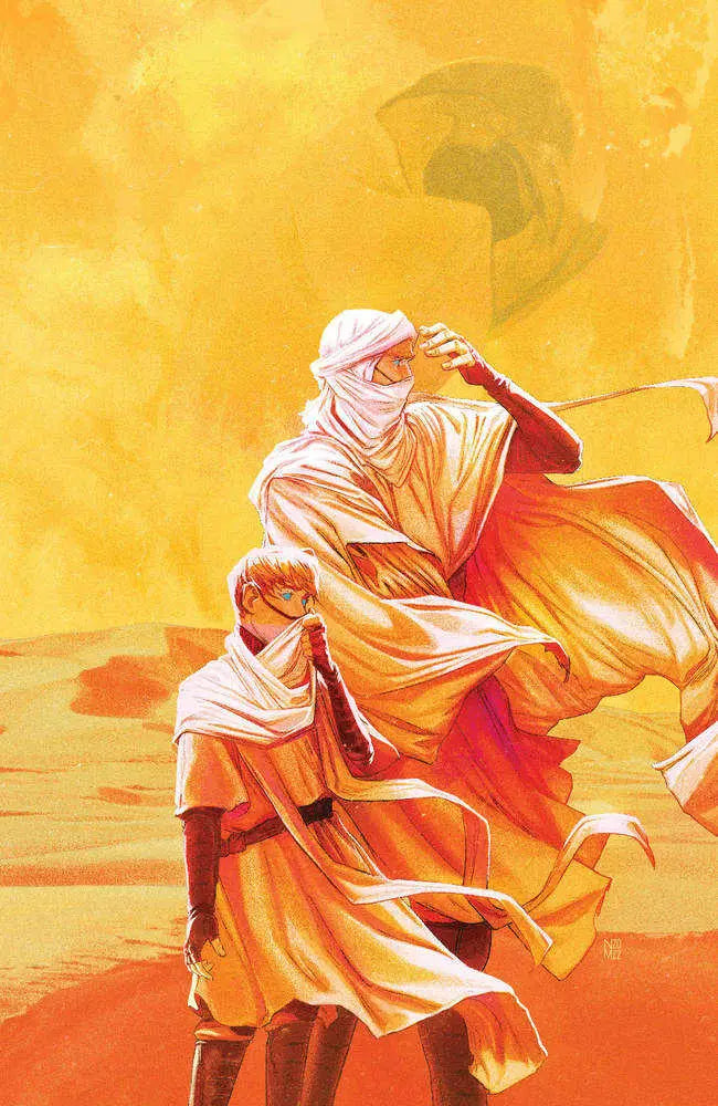 Figure in orange and white robes shielding eyes, House Harkonnen trading cards art
