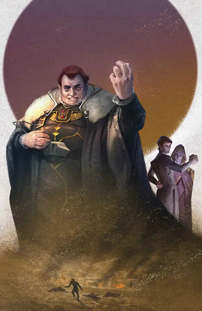 Robed figure with glasses holds chalice, featured in House Harkonnen trading cards