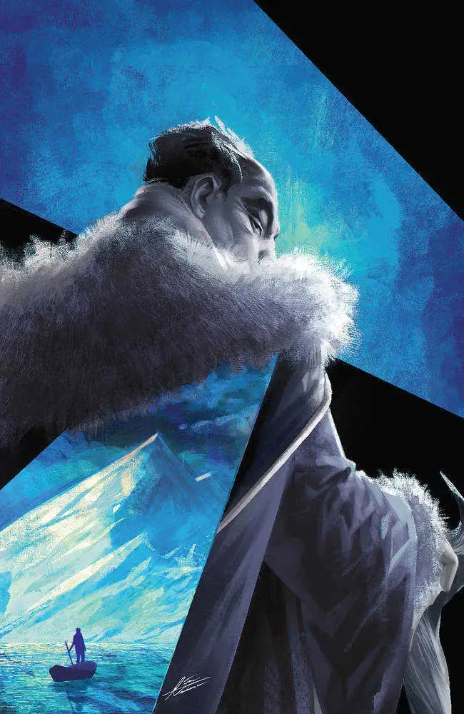 Towering figure in white fur clothing on blue, Dune House Harkonnen trading cards variant