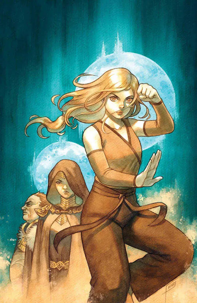 Fantasy illustration of woman in brown martial arts pose for Dune House Harkonnen trading cards